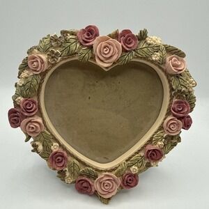 Vtg Dezine 3D Heart Frame Hand Painted Pink Roses Green Leaf 6x5.5"